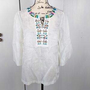 Talbots- White Crisp Linen Top Fish Embroidery Flare Sleeves light Travel Sz.M